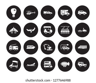 20 vector icon set : Hot air balloon, dirigible, Double decker bus, dugout canoe, eco-friendly transport, hatchback, funicular railway, Excavators, Fire truck, gondola isolated on black background