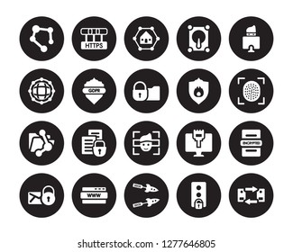 20 vector icon set : Hub, data unclocked, Ddos, domain, Email security, Hacker, Firewall, Facial recognition, File sharing, gdpr Shield, Home network isolated on black background