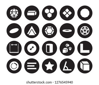 20 vector icon set : Icosahedron, Angle, Asterisk, Center alignment, Circle, Ennegon, Disk, Cylinder, Dimensions, Double hexagon of small triangles, Hexagon isolated on black background