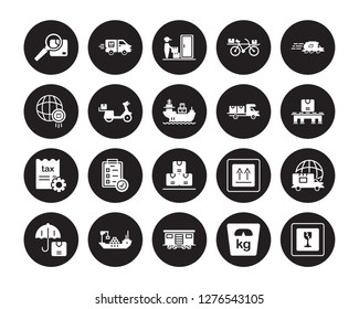 20 vector icon set : Inspection, Weight, Cargo Train, Logistic Ship, Umbrella, express delivery, Transportation, Packages, Tax free, scooter delivery isolated on black background