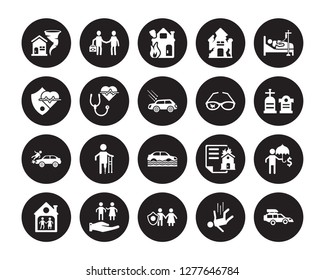 20 vector icon set : Insurance for home of tornado, Falling, Familiar insurance, Family Care, House, Hospitalization, Glasses Flood risk, Frontal crash isolated on black background