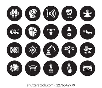 20 vector icon set : Jetpack, Finger control, Flyboard, Flying car, future Brain, Immersive, Hologram, Industrial robot, High capacity color barcode, Humanoid isolated on black background