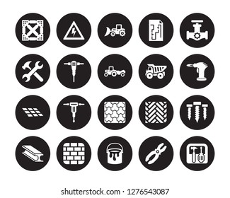 20 vector icon set : Joist, Plier, Paint bucket, Brick Wall, Beam, Gas pipe, Dumper, Paving, Tiles, Jackhammer, Loader isolated on black background