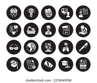 20 vector icon set : Learning, Education, Eraser, Exam, scholarship, Instructor, Grades, Geography, Glasses, Homework, International isolated on black background