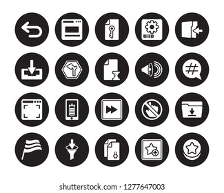 20 vector icon set : Left arrow, Favourite, Files, Filter, Flag, Insert, High Volume, Forward, Full screen, Horizontal alignment, Key isolated on black background