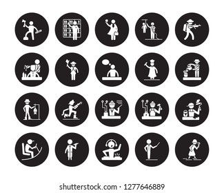 20 vector icon set : Lumberjack, Director, dj, Doctor, Driver, Hunter, Graduated, Engineer, Fisherman, Guide, Lawyer isolated on black background