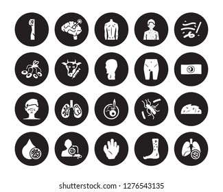 20 vector icon set : Lymphoma, Kuru, Kwashiorkor, Laryngitis, Lead poisoning, Lupus, Limbtoosa, Leprosy, Leukemia, Loiasis, Lyme disease isolated on black background