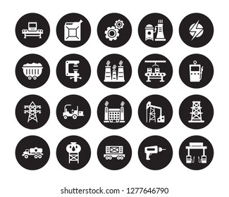 20 vector icon set : Machine, Drilling machine, Train cargo, Water tank, Fuel truck, Electricity, Assembly line, Factory building, Transmission tower, Clamp isolated on black background