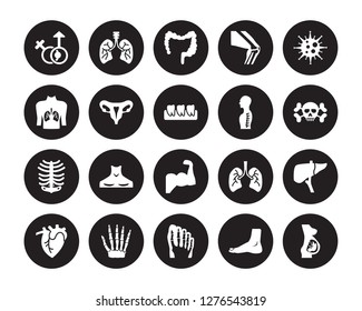 20 vector icon set : Male and female gender, Human Foot, footprints, hand bones, Heart, Immune System, Spine, Muscle, Ribs isolated on black background