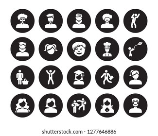 20 vector icon set : Man face with glasses and goatee, Female User Management, Fighting, Girl face, long hair, Dancing, Kitchen chef, Graduated isolated on black background