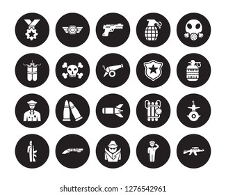 20 Vector Icon Set : Medal, Salute, Secret Agent, Shotgun, Soldiers And A Weapon, Gas Mask, Badge, Torpedo, Veteran, Dead, Gun Isolated On Black Background