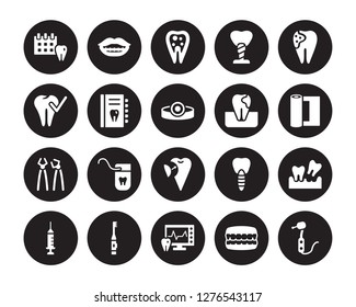 20 vector icon set : Medical appointment, Denture, Ekg monitor, Electric toothbrush, Empty syringe, Holed Tooth, Gum, Filler, Forceps of dentist tools, Health report isolated on black background