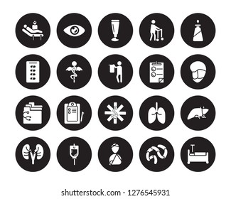 20 vector icon set : medical Checklist, Emergency, Emergency Call, Enema, Epidermis, Liver, Injury, Gynecology, Hospital, Intravenous, Medical isolated on black background