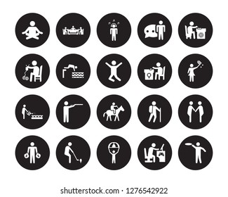 20 vector icon set : Meditating, Game playing, Gliding parachutist, Golf Greedy, Lace making, Jewelry Horse riding, Hydroponics, Jumping to the water isolated on black background