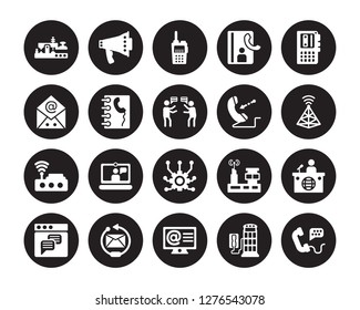 20 vector icon set : Morse code, Phone booth, Arroba, Reply, Text lines, Voice recorder, Incoming call, Connection, Wifi, Contact, Transmitter isolated on black background