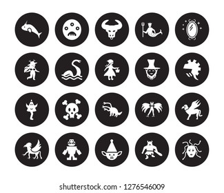 20 vector icon set : Narwhal, Giant, Goblin, Golem, Griffin, Magic mirror, Leprechaun, Hydra, Karakasakozou, Loch ness monster, Minotaur isolated on black background