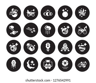20 vector icon set : Nebula, Gamma ray, Generator, Half moon, Jet pack, Milky way, Mercury, Liftoff, Mars, Meteor shower, Moon phases isolated on black background