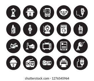 20 vector icon set : percolator, Printer, Projector, Radio, Rice cooker, trimmer, Washing machine, Television, Video camera, Wristwatch, rotisserie isolated on black background