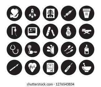 20 vector icon set : Petri dish, Medical history, medical Mask, Report, result, Otoscope, Non ionizing radiation, Substance, Medicines isolated on black background