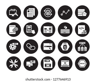 20 vector icon set : Php, Error 404, Floppy disk, Game development, Hardware, Mysql, Keyboard and mouse, Http, Image SEO, Mobile app, Optimization isolated on black background