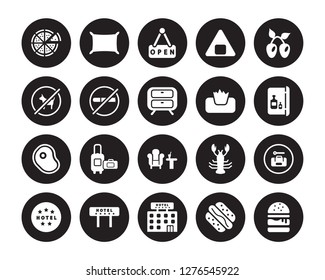 20 vector icon set : Pizza, Hot dog, Hotel, Olives, Napkins, Lounge, Meat, No pets, Open isolated on black background