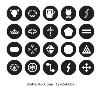 20 vector icon set : Polygonal dog, Lightning bolt polygonal, Line segment, Metatron cube, Multiple triangles inside hexagon, buildings of small isolated on black background