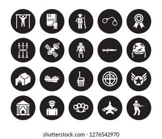 20 vector icon set : Pull up, Jet, Knuckle, lieutenant, Military antique building, Military Medal, Military Knife, Radio, Tent, Satellites isolated on black background