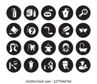 20 vector icon set : pump bottle, beardy, body odour, shaming, dolled up, parasite, powder, face towel, grooming, varnish, cream isolated on black background