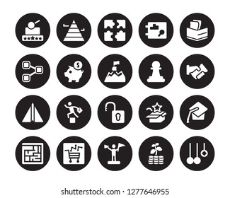 20 vector icon set : Quality, Investment, Leader, Market trends, Maze, Profits, Pawn, Open padlock, Paper plane, Piggybank, Puzzle isolated on black background