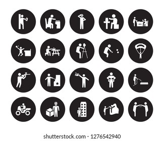 20 vector icon set : Reading, Mineral collecting, Model building, Modeling, Motorcycle riding, Playing Lotto, Petanque, Origami, Paintball, Picnic, Questioning isolated on black background