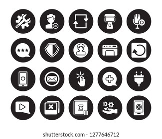 20 vector icon set : Repair tools, Options, Pause, Photos, Play Button, Reader, Print, Pointer, Power, Protect, Refresh isolated on black background