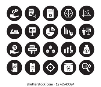 20 vector icon set : Revenue, Merge charts, Mission, Mobile analytics, stock data, Profit Analysis, Pie chart, Organization, Percentage, Presentation isolated on black background
