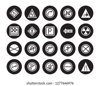 20 vector icon set : Road, No entry, mobile phone, parking, smoking, Pothole, One way, turn right, waiting, Pedestrian, Right bend isolated on black background