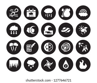 20 vector icon set : Sand storms, Humidity, Hurricane, ice pellets, Icicle, Rainbow, Mist, Last quarter, Lightning, New moon, Rainfall isolated on black background