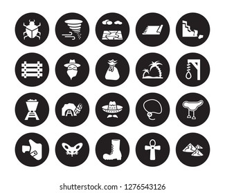20 vector icon set : Scarab, Egypt, far west Boot, Fennec, Holster, Rock, Oasis, Mexican Hat, Mine Wagon, Outlaw, Salty desert isolated on black background