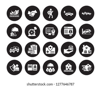 20 vector icon set : Ship insurance, Inundation, Investment License, Life Rear end collision, Payment protection, Medical Overturned car isolated on black background