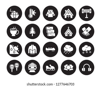 20 vector icon set : Ski lift, Snow ball, Snowmobile, Snowplow, Snowshoes, Electric heater, Chapel, Bobsled, Avalanche, Fir, Fur coat isolated on black background