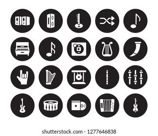 20 vector icon set : Speaker, Accordion, Disc, Drum, Electric guitar, Quaver, Lyre, Gong, Heavy metal, Musical Note, Sitar isolated on black background