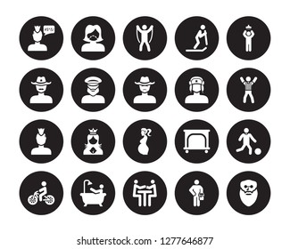 20 vector icon set : Swear, Painter with Paint Bucket, People Trading, Person Bathing, Biking, Showering, Russian man face, pregnant, Punk Sailor face isolated on black background