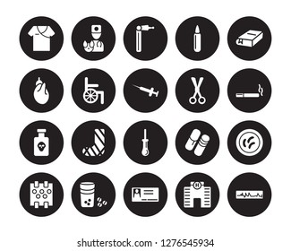 20 vector icon set : Syrup, Pills, Pipette, Plaster, Poison, Stethoscope, Smoking, Prescription, Scalpel, Spermatozoon, Surgery isolated on black background