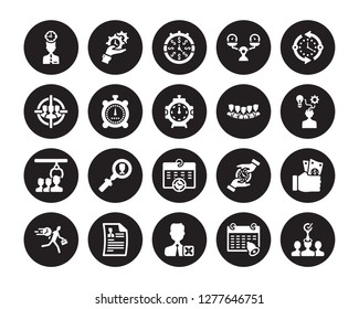 20 vector icon set : Time mind, Reminder, Remove user, Resume, Rush, Time, Staff, Schedule, Selection process, Stopwatch, is money isolated on black background