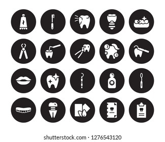 20 vector icon set : Toothpaste, Medical record, Mint gum, Molar crown, Mouth, Tooth whitening, cleaning, Periodontal scaler, Smiling, filling isolated on black background