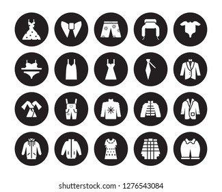 20 vector icon set : vintage dress, Kilt, Kaftan, windbreaker, jogging jacket, Baby Grow, Cravat, Fleece, Dressing Gown, Camisole, swim shorts isolated on black background