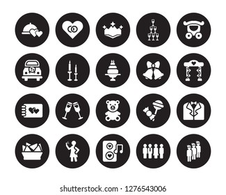 20 vector icon set : wedding Dinner, Relationship, Romantic music, Selfie, Snack, Carriage, Wedding Bells, Teddy bear, Album, Candle isolated on black background