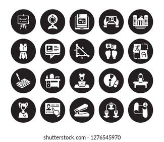 20 vector icon set : Whiteboard, Sociology, Stapler, Streaming, Student, University, Translator, Studying, Test, Tutorial, Vocabulary isolated on black background