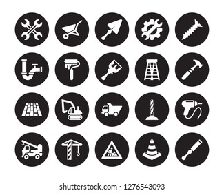 20 vector icon set : Wrench, Cone, Construction, Crane, Crane truck, Screw, Ladder, Dump Floor, Paint roller, Trowel isolated on black background