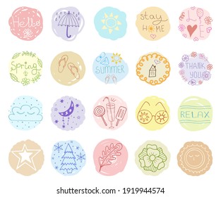 20 Vector Icons For Social Media Design. Cute Highlights For Story. Cover Templates For Instagram Stories: Floral, Stars, Winter, Summer, Spring, Rain, Fun. Drawn By Hands In Style Of Doodle, Cartoon