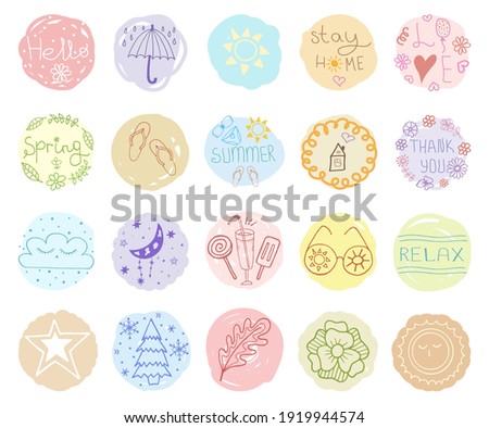 20 vector icons for social media design. Cute highlights for story. Cover templates for instagram stories: floral, stars, winter, summer, spring, rain, fun. Drawn by hands in style of doodle, cartoon