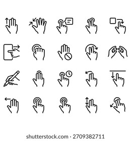 20 Vektorlinien-Symbole, die Handgesten auf dem Touchscreen darstellen. Gliederungssymbole für mobile Benutzeroberflächenaktionen wie Tippen, Wischen, Pinch, Scrollen, Multi-Touch und Stift. Reinigen Sie schwarze Striche.