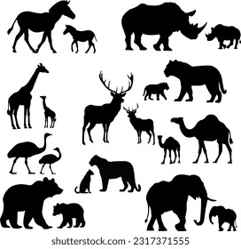 20 vectors silhoutte animals of savanna, all of is mamalia. 3D Illustration